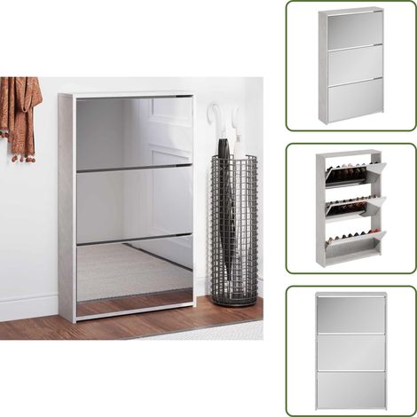 Schuhschrank mit Spiegel 3 Fächer Betongrau 63x17x102,5 cm - Schuhschrank - Schuhregal - Garderobe - Einbauschrank - Beton Grau (1/5)