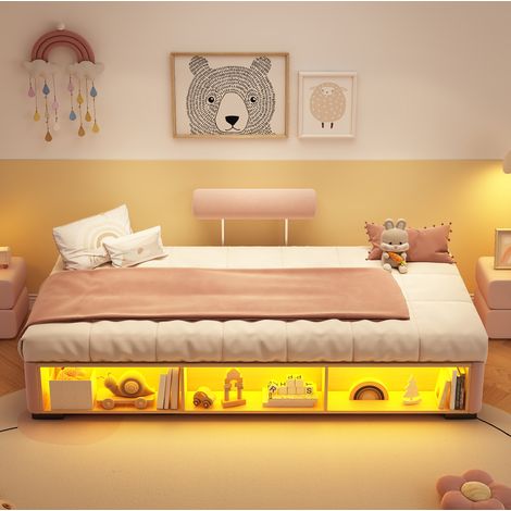 Kinder Polsterbett 90x200 cm in Rosa mit LED-Seitenregal HAVRYA (1/5)