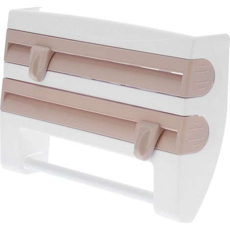 Distributeur de film alimentaire avec coupeur, support rouleau plastique et essuie-tout, cuisine beige kaki (1/5)