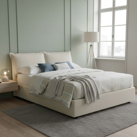 Dmora - Doppelbett Dmircol, Containerbett mit Stoffbespannung, 100% Made in Italy, Frontöffnung, mit Matratze Cm 140x200 enthalten, Beige (1/5)