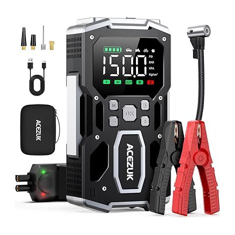 Booster de batterie de voiture 9000A, 150PSI Pneumatique de voiture gonflable, Démarreur avec compresseur d'air, démarreur de saut 12V pour véhicule (tout gaz ou diesel 10L), 400 Lumens LED (1/5)