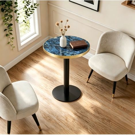 Runder Beistelltisch 60x73.7 cm blau in MDF und Metall mit Marmor-Optik und goldfarbenem Rand (1/4)