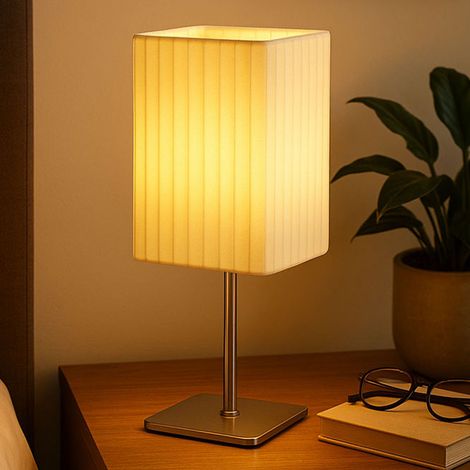 LED Tischleuchte Textil Beistellleuchte Chrom Nachttischlampe Schlafzimmer Stoffschirm, 3W 250Lm warmweiß, LxBxH 10x10x26 cm