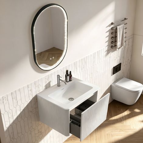 Conjunto de muebles de baño con espejo, mueble de lavabo de 60 cm con armario bajo, premontado, armario a rayas con un cajón, blanco, espejo ovalado de 50 × 80 cm con pedrería y marco negro. (1/5)