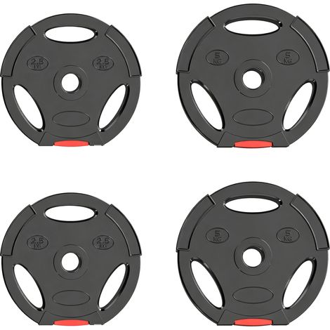 Disques de poids, plaques de poids 2 x 5 kg et 2 x 2,5 kg, à trois poignées avec trous de Ø 25 mm, noir (1/5)