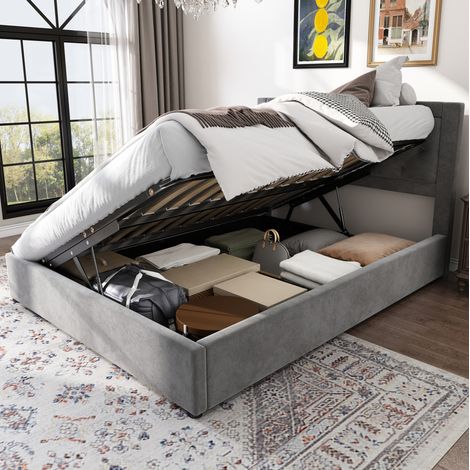 DESVIAE Lit double rembourré avec rangement relevable à gauche ou à droite tête de lit capitonnée losanges velours gris 140 x 200 cm structure en acier (1/5)