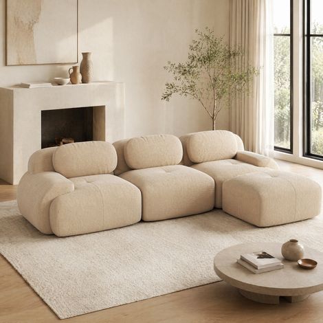 Divano angolare modulare beige in tessuto effetto corda, senza montaggio, 3 posti (1/5)
