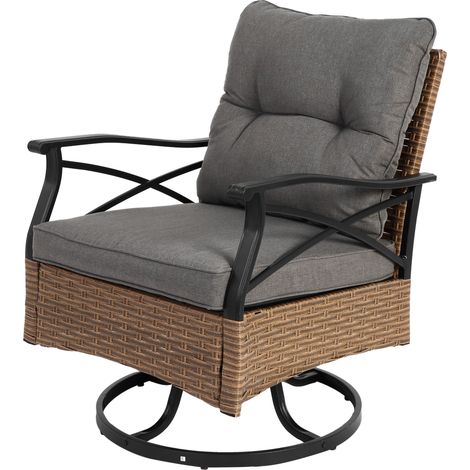 Ensemble de 3 fauteuils à bascule pivotants d'extérieur et 1 table - Supporte jusqu'à 159 kg, mobilier de jardin en résine tressée marron ensemble de conversation pour terrasse (1/4)