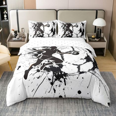 Parure de lit avec housse de couette 220 x 240 cm, en coton, pour adolescents, adultes, amateurs de sport, jeux de ballon, silhouettes d'athlètes, pour filles, blanc et noir (1/5)