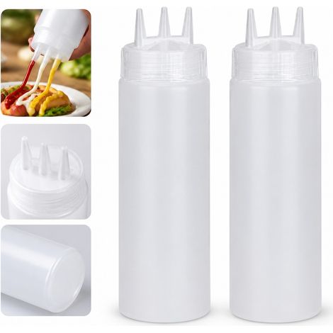 2 Pièces Bouteille à Sauce en Plastique Blanc, 360 ml, 3 Trous, 18×6 cm, Pression pour Vinaigrette (1/5)