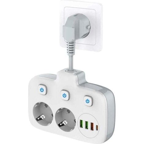 Multiprise à interrupteur unique 2 compartiments, multiprise avec 3 interrupteurs, double fiche murale avec 4 USB, adaptateur de prise avec protection contre les surtensions, sécurité enfant (1/4)
