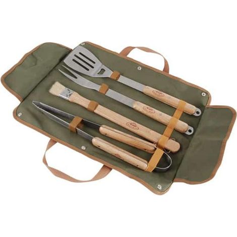 esschert-design Maletín de tela 4 utensilios barbacoa acero madera