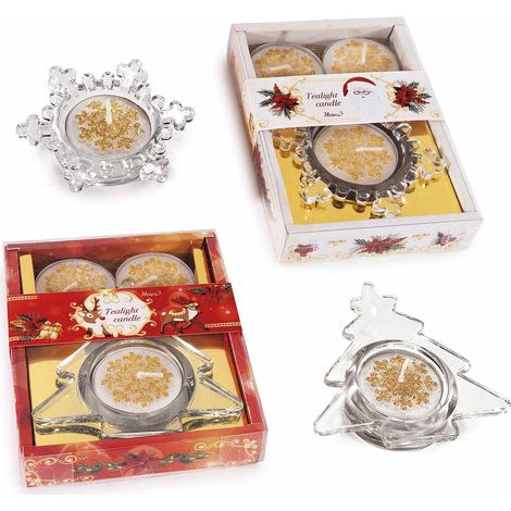 Portatealight di Natale in vetro sagomato ad albero e fiocco con 3 tealight in scatola regalo 14zero3, set da 12 pezzi, Portatealight: 8,5 x 9 x 2