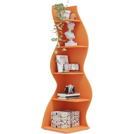Tribesigns Libreria Angolare Ondulata, Libreria Moderna a 5 Ripiani con Forma Curvy, Espositore Unico per Piante per Soggiorno Piccolo Spazio (Arancione)