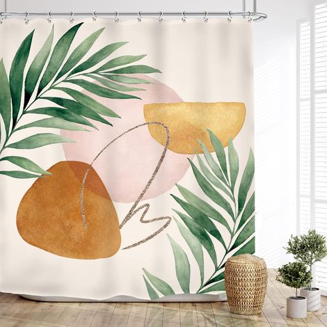 Rideau de douche vintage milieu du siècle - Feuilles de palmier tropicales bohèmes abstraites - 12 crochets (150 cm x 180 cm) Feuilles aquarelle 150 x 180 cm