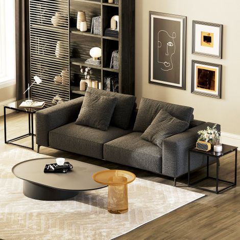 Ensemble de 2 tables d'appoint, ensemble de tables basses avec plateau en verre, table basse carrée en acier noir pour salon