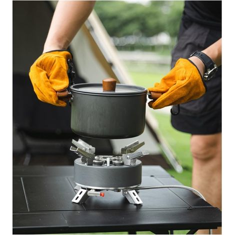 Gants ignifuges en cuir de vache avec suspension magnétique, isolation thermique épaisse pour le camping en plein air jusqu'à 200 °C, kaki (1/5)
