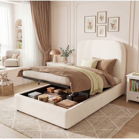 Cama individual tapizada moderna bouclé beige 90x200 cm con cabecero, somier de láminas y almacenaje hidráulico