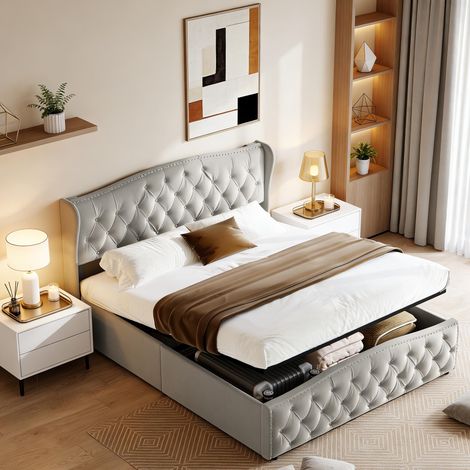 Cama adulta de 140x200 cm - Cama con almacenamiento - Terciopelo gris - Cabecero remachado ondulado - Compartimento de almacenamiento hidráulico - Base de láminas - Estructura de madera (1/5)