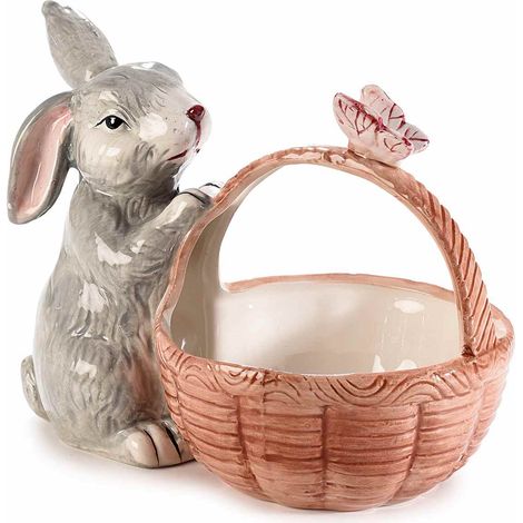 Cestini pasquali in ceramica con manico, coniglietto e farfalla, set da 2 pezzi, cm 22,5 x 13 x 16,5 H