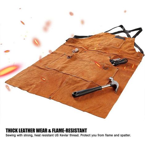 Tablier de travail cuir vachette avec 6 poches, bretelles réglables M–XXL, cuisine atelier bricolage (1/5)