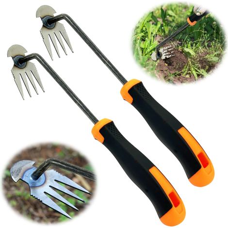 GROOFOO Extracteur de Mauvaises Herbes, Désherbeur à Main en Inox, 4 Griffes pour Arracher les Racines, Outil de Jardinage Extérieur, Décoration de Pelouse (1/5)
