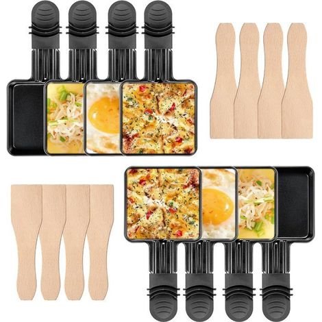 Lot De 8 Poelon Raclette Carré À Revêtement Antiadhésif, Avec 8 Spatules En Bois - Set Complet Accessoires Pour Raclette, Ba[CA27] (1/5)