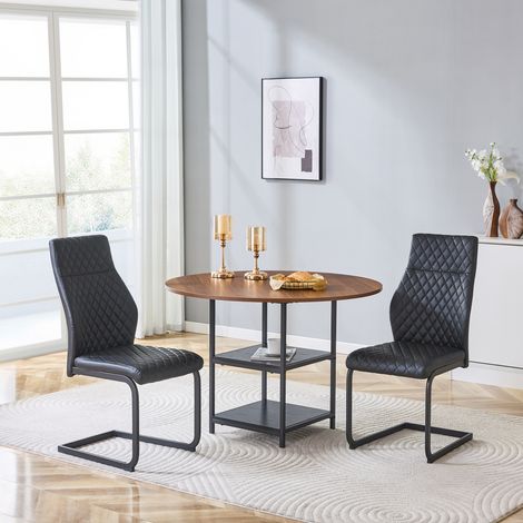 Esstisch- und Stuhl-Set MDF/Metall Nussbaum-Schwarz 107x107x75 cm mit 2 Ablagen, 2 PU-Stühlen, MIVRAY