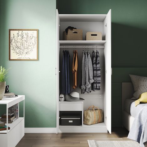 SONNI Blanc Armoires avec miroir et tiroir 2 portes Meubles de chambre à coucher 76x47x180cm (1/5)