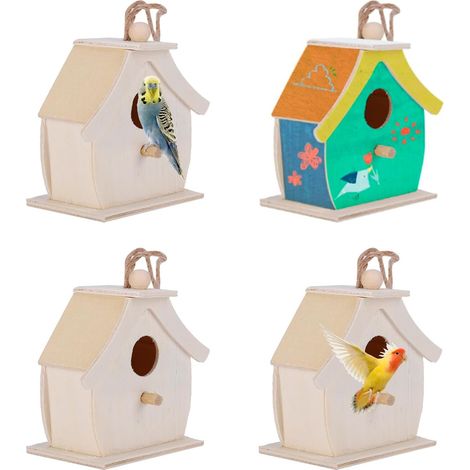 4pcs Nichoir Oiseau Bois Pin Naturel Non Fini Avec Corde Suspension Pour Jardin Cour Extérieur