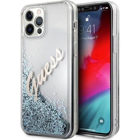 Funda rígida azul/azul con purpurina y diseño vintage para iPhone 12 Pro Max 6,7 de Guess GUHCP12LGLVSBL con diseño de escritura vintage y logotipo vintage (6,7 pulgadas). (1/5)
