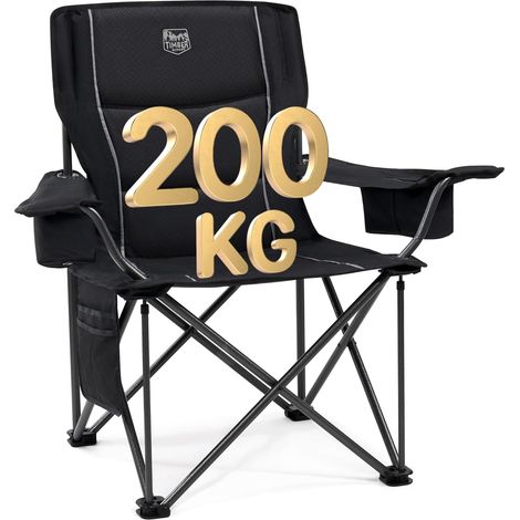 Chaise Camping Pliante Rembourrée 200kg Siège Large 63cm Siège large 63cm rembourré, charge 200kg, avec sac isotherme et porte-gobelet pour camping, pêche et voyage (1/5)