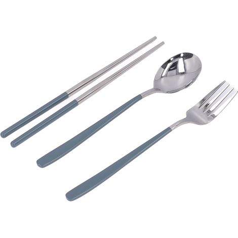 Ensemble de couverts en acier inoxydable 304 réutilisables pour étudiants et bureau - Fourchette, cuillère, baguettes bleu argenté