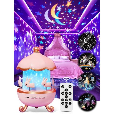 Lampe étoile - Projecteur d'étoiles - Veilleuse projecteur - Veilleuse carrousel - 8 sons et 6 films projetés - Rotation à 360° - Plusieurs modes d'éclairage - Télécommande incluse - Décoration de cha (1/5)
