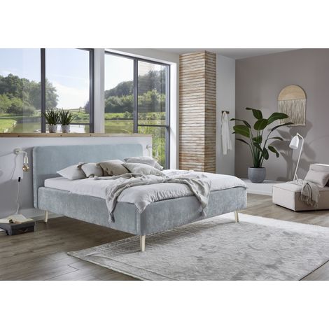 Meise Möbel Polsterbett Mattis 160x200 cm Doppelbett Bettgestell skandinavisches Kopfteil Strukturstoff Hellblau Holzfuß sandfarbig (1/5)