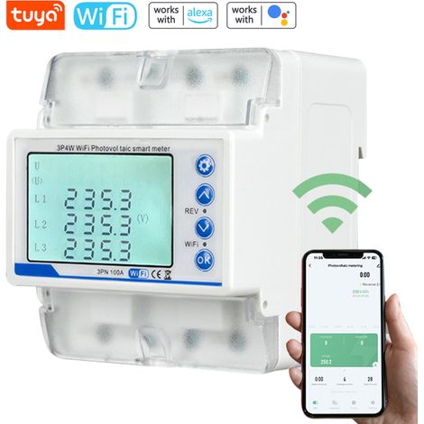 Compteur photovoltaïque Tuya WiFi 3P4W – Interrupteur réenclenchement triphasé – Protection surcharge, surtension, sous-tension, perte de phase – Affichage LCD