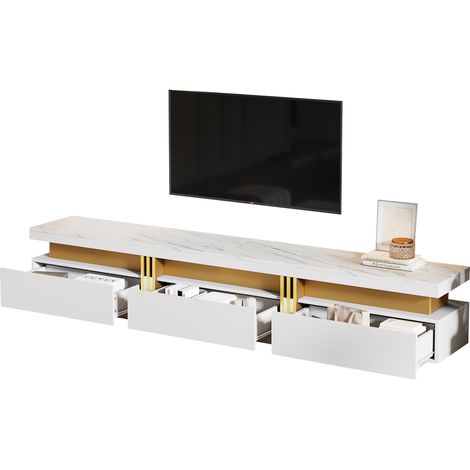 Meuble TV bas moderne aspect marbre, 200 x 40 x 42 cm – Pour téléviseurs jusqu'à 90 pouces, trois tiroirs et un passe-câbles (1/5)