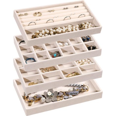 Juego de 4 bandejas apilables de terciopelo para guardar joyas, organizadores de cajones y soportes para pendientes para niños y niñas, expositor de joyas para anillos, collares y pendientes de botón.