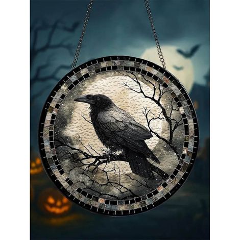 Décoration corbeau lune vitrail 12,5 cm, attrape-soleil mystique