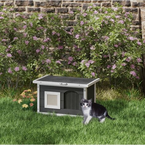 Caseta para gatos de madera gris con alfombra rascadora, techo abatible, 61 x 45 x 36,5 cm (1/5)