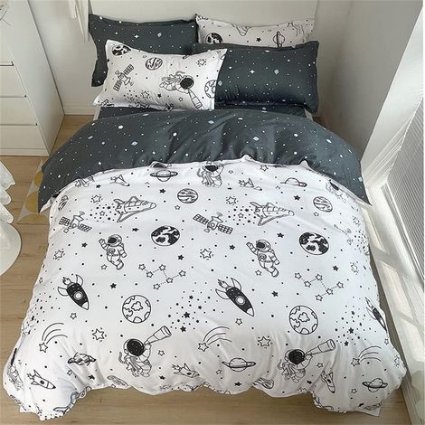 Parure de lit pour enfant 140x200, motif espace, pour garçon, blanc et noir, avec fusée, étoiles, planètes, astronaute, motif universel, housse de couette avec fermeture éclair, avec taie (1/5)