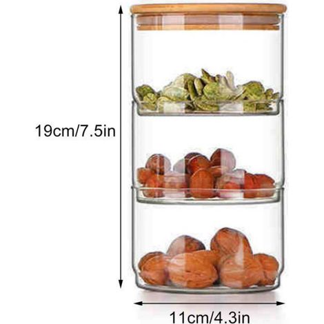 Bocal De Rangement - Verre Borosilicaté - 3 Niveaux Empilables - Pour Épicerie Et Noix - 19 X 11 X 11 Cm - 1 Pièce (1/5)