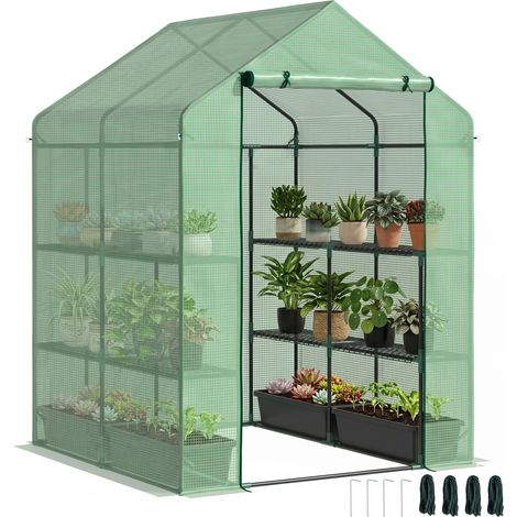 Serre de Jardin - Outsunny - avec Étagères 3 Niveaux - Bâche PE 140 g/㎡ Renforcée et Châssis Acier - pour Légumes et Fleurs - Vert