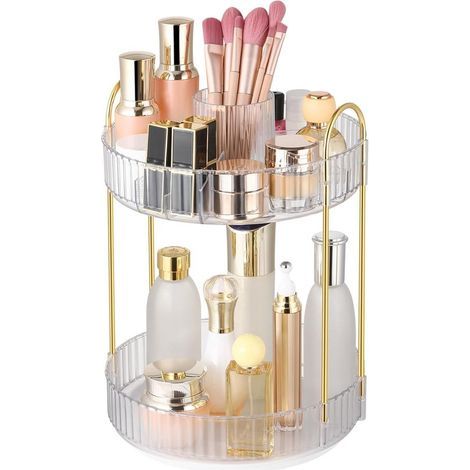 pièce - Organisateur de maquillage rotatif à 360° - Organisateur de coiffeuse à 2 niveaux - Boîte de rangement pour parfums - Cuisine - Salle de bain - Coiffeuse - Boîte de rangement - Transparent (1/5)