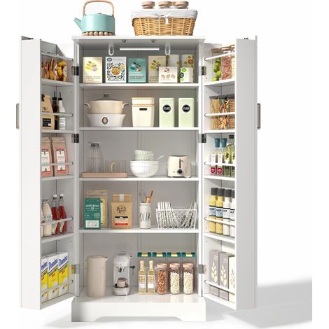Hochschrank Küche, Küchenschränke mit LED-Beleuchtung, 5 Ebenen, 10 Türregale, einfache Montage, 60×35×128 cm, Weiß