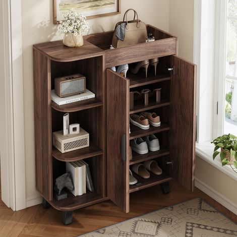 Meuble à chaussures étroit, meuble à chaussures à double porte, étagère à chaussures avec compartiments ouverts, aspect bois, armoire polyvalente pour l’entrée, petit meuble à chaussures pour petits e (1/5)