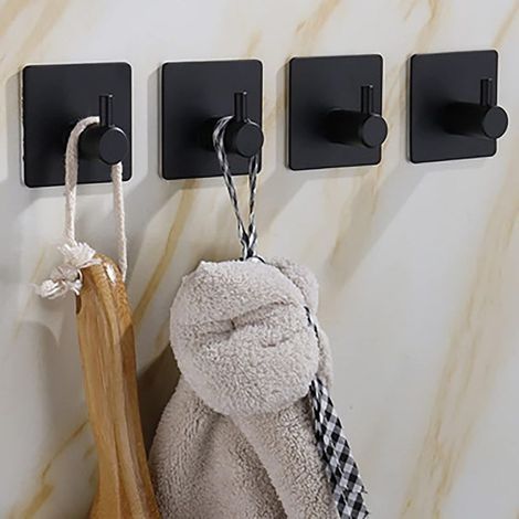 4 Pcs Crochets Adhésifs Puissant Crochets Autocollant Acier Inoxydable Accroche Porte Serviettes Sans Perçage Imperméables pour Salle de Bains Cuisine Bureau,noir