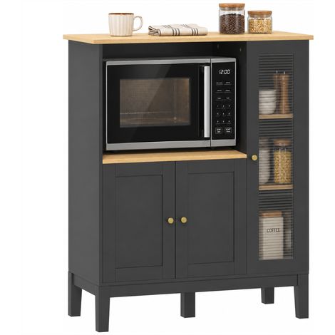 Meuble micro-ondes - HOMCOM - armoire de cuisine buffet 1 niche 3 portes verre trempé - bois verre - 80x35x97cm - noir (1/5)