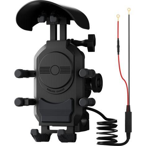 Support de téléphone pour moto anti-vibrations, résistant à la pluie et au soleil, chargement sans fil 15 W, port A+C, rotation à 360°, conception antivol pour vélos électriques, scooters et motos.
