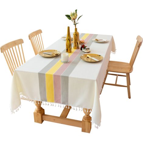 Nappe jaune citron, 140 x 180 cm, nappe rectangulaire en lin et coton, lavable et à pompons (1/4)